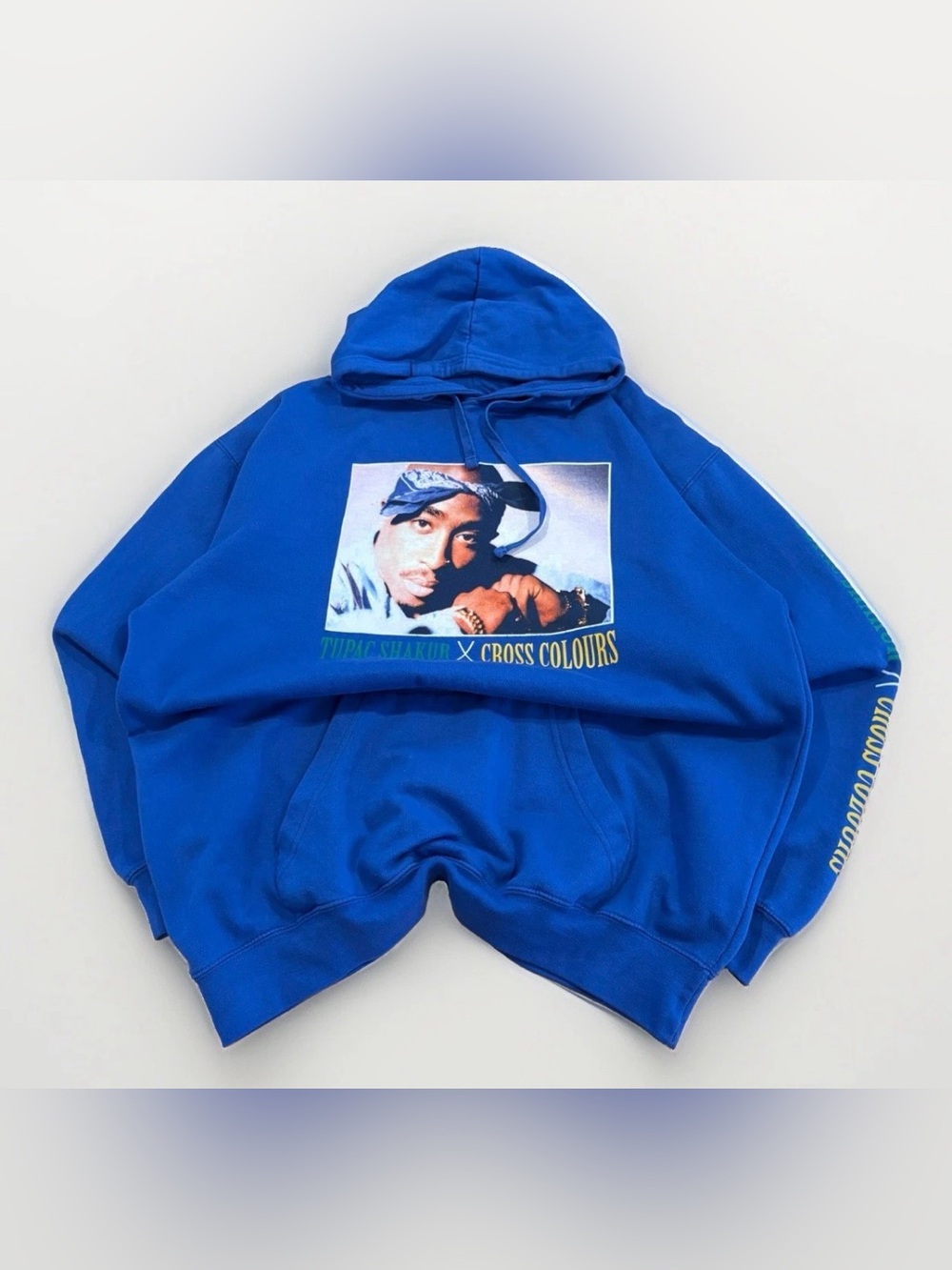 Tupac Shakur x Cross Colours Hoodie Size Large Blue Streetwear Rare Made in USA